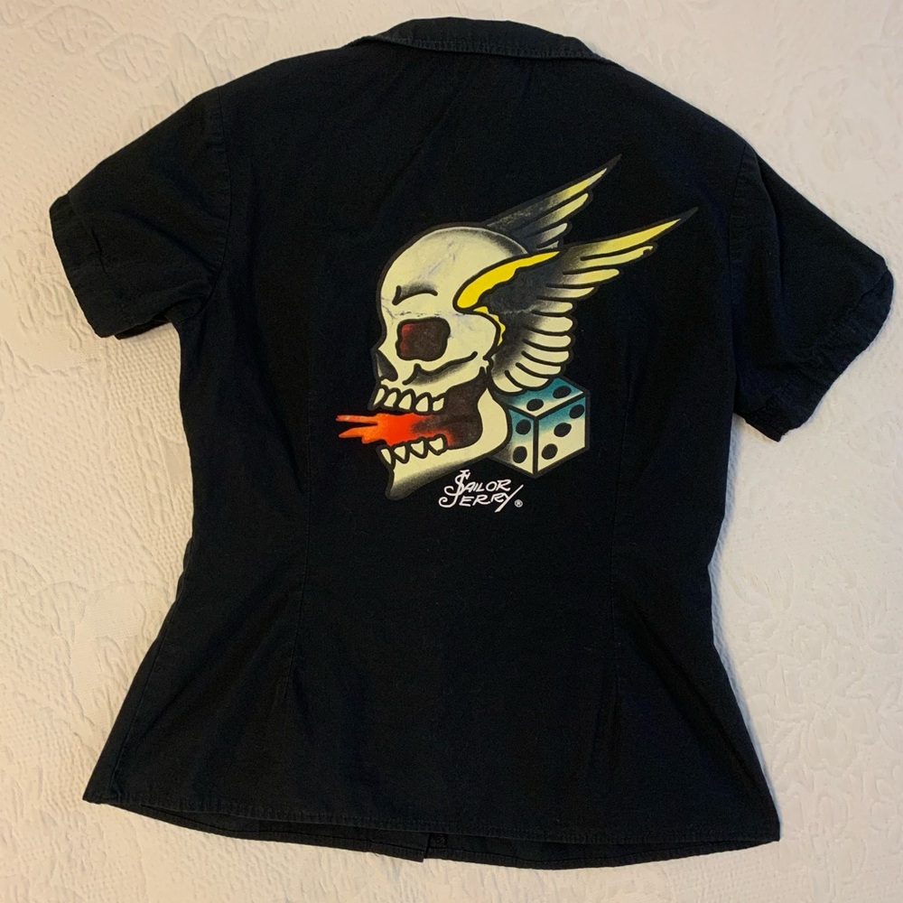 SailorJerry Brand Authentic Black Button Up Blouse Tattoo Skull with Dice